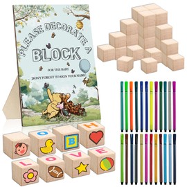 55Pcs Classic Winnie Baby Shower Sign Kit, Including 1 Winnie Decorate Block Game Sign, 30 DIY Blank Wooden Block and 24 Painting Pens, Perfect for Baby Shower Party Game