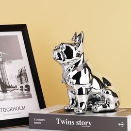 9in French Bulldog Statue, Bulldog Sculpture Decor, Resin Dog Animal Sculpture with Silver Necklace Animal Statues for Home Decor for Room, TV Stand, Bedroom, Shelves, and Desktop (9in,Silver)