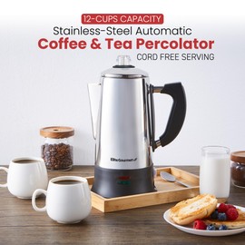 Elite Gourmet EC924 Electric Coffee Percolator, BPA Free, Keep Warm, Clear Brew Progress Knob, Cool-Touch Handle, Cordless Serve, 12-Cup, Stainless Steel