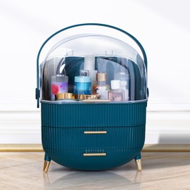 Rushly Makeup Cosmetic Organizer Box with Drawer Storage - Plastic Oval Storage Organizer with Turn Lock, Large Capacity for Women’s Skincare and Beauty Products (Green)