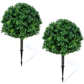 27.6'' Artificial Boxwood Ball Tree 2 Pack, UV Resistance Rated with Spike, Easy to Install, Fake Outdoor Plant for Front Door Decor, Home Decor, Garden, Wedding Decor
