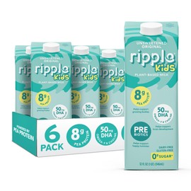 Ripple Kids Unsweetened Plant Based Milk | Pediatrician Recommended | 8g of Pea Protein | Shelf Stable | Vegan & Non GMO | Dairy, Soy, Nut, Gluten, & Lactose Free | 32 Fl Oz Cartons (Pack of 6)