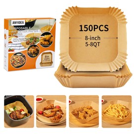 Air Fryer Liners Disposable Paper - 150 PCS 8 Inch Nonstick Parchment Paper Liners for 5-8QT Air Fryer, Free of Bleach Air Fryer Paper Square for Frying, Baking, Roasting Microwave