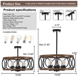 Faibra 6-Light Farmhouse Drum Pendant Light,19.7'' Nature Wood Texture Vintage Rustic Chandeliers Black Metal Industrial Hanging Light Fixtures for Entryway, Bedroom Dining Room