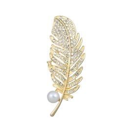 LPYO Feather Brooches Pin for Women Men Elegant Rhinestone Pearl Feather Leaf Lapel Pins for Clothing Bag Hat Dress Wedding Party Accessories (Rose Gold)