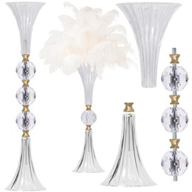 VIJIV Crystal Acrylic Trumpet Vase for Wedding Centerpieces & Home Decor - 24.8" Clear Flower Stand with Ribbed Texture, Gold Accents, Table/Floor Vase for Events, Bridal Showers & Boho Weddings