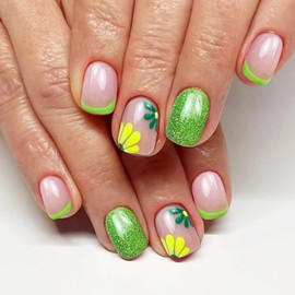 Green Press on Nails Short Square Fake Nails Spring Flower False Nails Glossy Press on French Tip Nails Full Cover Stick on Nails Cute Daisy Glue on Nails Short Acrylic Nails for Women 24Pcs
