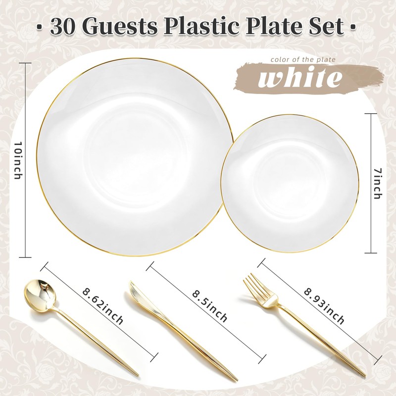 N9R 150PCS White Plastic Plates with Disposable Silverware Set, Gold