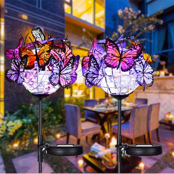 Weepong Outdoor Solar Lights, 2 Pack Solar Garden Stake Lights with 18 Butterflies Decoration Outdoor Lights, Waterproof Solar Butterfly Lights, Bigger Solar Panel for Patio Yard Pathway Garden Decor