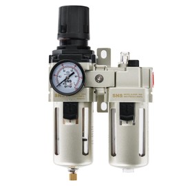SNS 1/2" NPT Compressed Air Filter Regulator Lubricator Two Units Combo FRL Water/Oil Trap Separator, Semi-auto Drain, 5 Micron Brass Filter, Gauge and Bracket, Poly Bowl with Metal Guard AC4010-N04A
