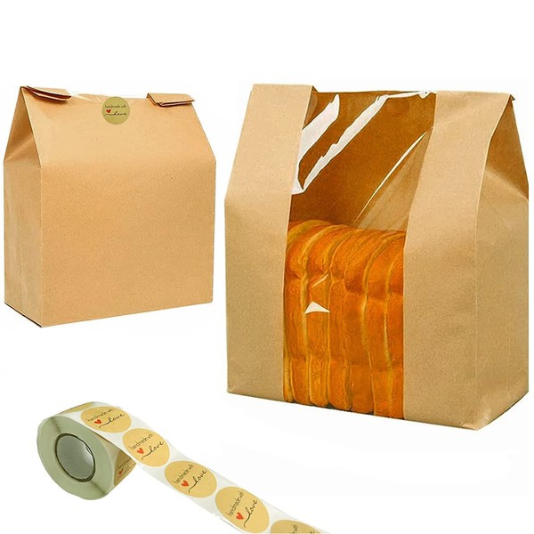 100 Pack Kraft Paper Bread Bags for Homemade Bread Large Loaf Bag with Clear Front Window 14" x 8.3" x 3.5" 500pcs Homemade with Love sticker, Food Packaging Storage Popcorn Cookie Treat Bakery Bag