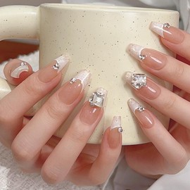 Pure Handmade Nails Press on Nail Reusable Fake Nails White Rhinestones Bling Bling Medium Stick on Nails French Tip False Nails 10pcs (XS, Q296)