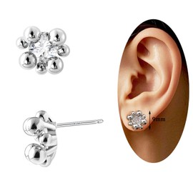 Minimalist Silver Floral Stud Earrings | 9mm Zirconia Center with Ball Accents for Sensitive Ears | Dainty Everyday Gift for Women, Girls