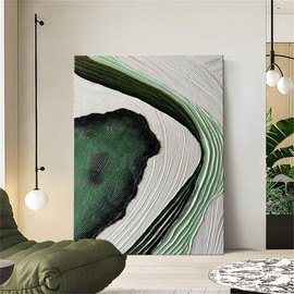 Slyart Large Nordic Green and White Abstract Vertical Wall Art Green 3D Texture Painting Green White Painting Modern Living Room Oil Paintings Minimalist Art