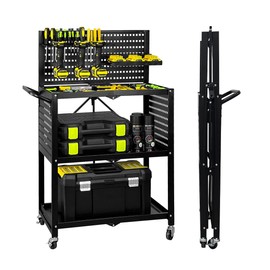 Lumizone Foldable Tool Cart with Wheels Rolling Utility Service Cart with Pegboard for Power Tool Organization Garage Organizer Storage on Wheels Heavy Duty Folding Design (Tool Cart)