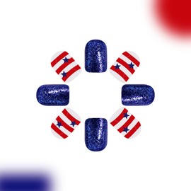 4th of July Press on Nails Short - Square Fake Nails | Blue Glitter False Nails with Star Design,Red & White Stripes Acrylic Nails | Stick on Nails for Women | Independence Day Nail Art 12 Sizes-24Pcs