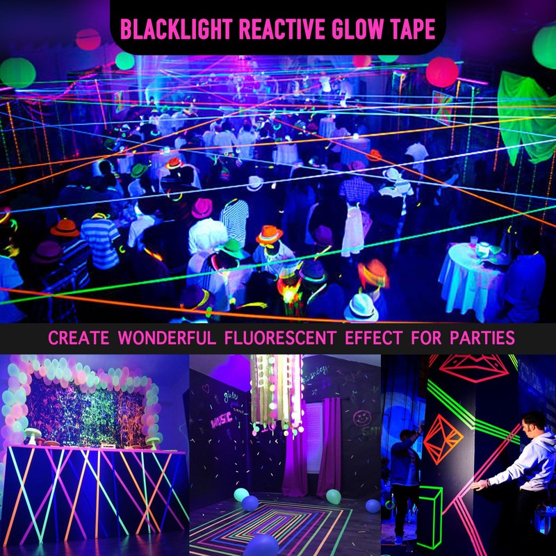 KIWIHUB Neon Fluorescent Gaffer Tape, 6-Color UV Blacklight Reactive Glow