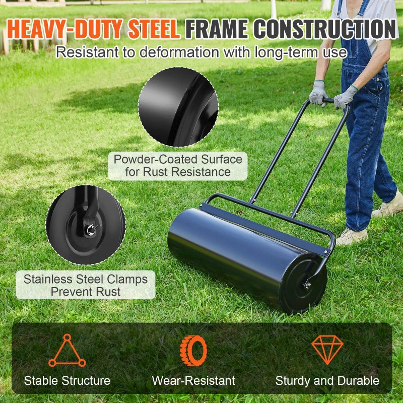 17-Gallon Sand/Water Filled Steel Sod Roller Easy-turn Plug U-Shaped Ergonomic