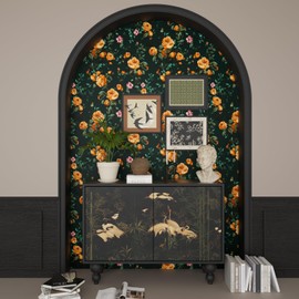 Fvlow Dark Green Floral Peel and Stick Wallpaper Vintage Wallpaper Vinyl Wrap Kitchen Worktop Covering Self Adhesive Thick Orange Flowers Contact Paper for Cabinets Drawers Sticker Decor 17.4" x 118"