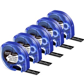 Wonfoucs Compatible with Dymo LetraTag XR 12 mm x 4 m Plastic Label Tape as Replacement Bands 913318 for Dymo Letratag XR LT-100H LT-110T LT-200B XM 2000 Label Printer, White on Black, Pack of 5