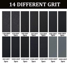 42 Sheets 120 to 3000 Grit Assorted Sandpaper, Wet and Dry Sanding Paper Sheets for Wood Furniture Finishing, Metal Sanding, Automotive Polishing, Home Improvement, Decorating & More, 9 * 3.6 inch