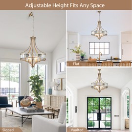 peskoe Modern Crystal Chandelier 22" Large Farmhouse Pendant Round 5-Light Antique Gold Adjustable Height Hanging Light for Dining Room Kitchen Island Hallway Bedroom Foyer Hall