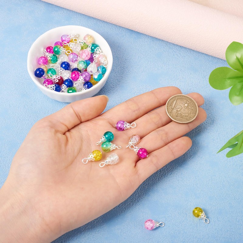 Beadthoven 120Pcs Crackle Glass Crystal Charms Teardrop Glass Dangle Beads