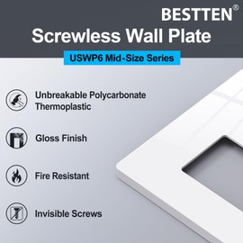 [10 Pack] BESTTEN 2 Gang Mid-Size Screwless Outlet Cover, Midway Decorative Wall Plate, USWP6 Gloss Snow White, Midsize H4.88" x W4.93"