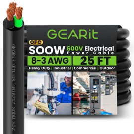 GEARit 8/3 8 AWG Portable Power Cable (25 Feet - 3 Conductor) SOOW 600V 8 Gauge Electric Wire for Motor Leads, Portable Lights, Battery Chargers, Stage Lights and Machinery -25ft Electrical Cord