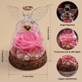 Aastin Preserved Real Rose in Glass Angel Figurine with LED Light, Angel Gifts for Women, Mom, Grandma on Mother's Day Christmas Birthday (Pink)