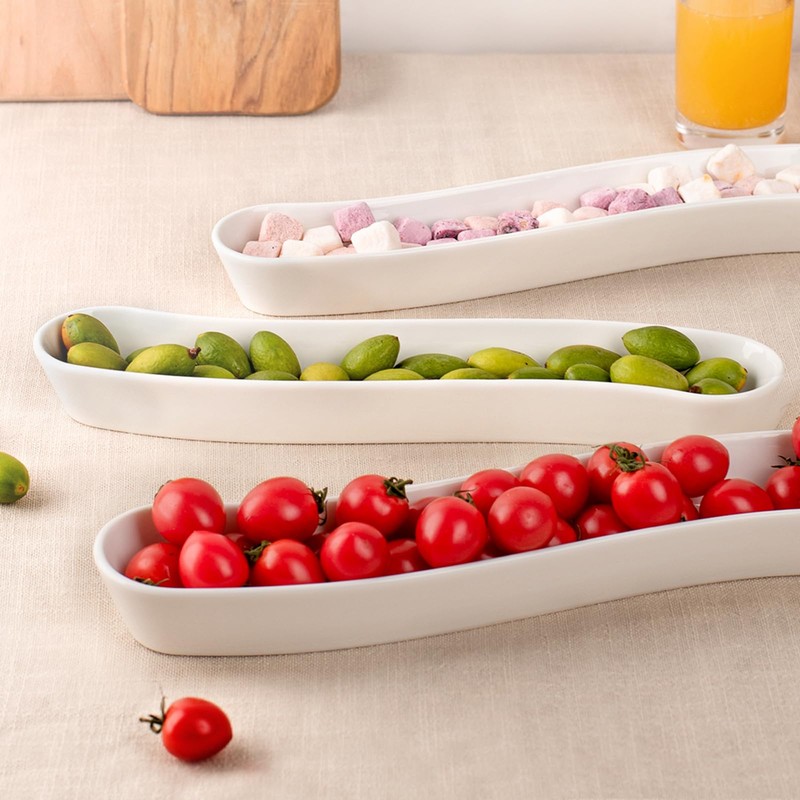 3-Pack Olive Plates-Versatile Ceramic Olive Tray for Snacks, Appetizers Platter-Long