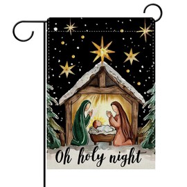 Dyrenson Christian Christmas Nativity Scene Decorative Garden Flag, Religious Xmas Oh Holy Night Jesus Yard Outside Home Decoration, Winter Holiday Burlap Outdoor Small Decor Double Sided 12 x 18