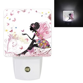 Azvizanmo Fashion Led Night Lights with Auto Dusk to Dawn Sensor, Fairy Girl with Wings in a Floral Dress Fantasy Garden Flying Butterflies, Smart Night Lights for Kids Bathroom Nursery Decor