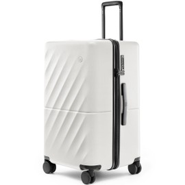 NINETYGO Trunk Luggage 26 Inch, Medium Checked Luggage with Double Spinner Wheels, Anti-Burst Zipper, Hard Case PC Suitcase, Lightweight Travel Luggage, TSA Approved (Pearl White, Hudson)