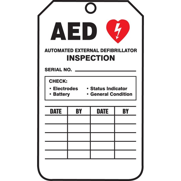 Accuform TRS345CTM PF-Cardstock Inspection & Status Record Tag, Legend "AED AUTOMATED External", 5.75" Length x 3.25" Width x 0.010" Thickness, Red/Black on White (Pack of 5)