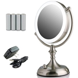 OVENTE 7" Lighted Tabletop Makeup Mirror with 1X/10X Magnification, Double-Sided Magnifying Vanity Mirror with Dimmable LED Lights, 360° Swivel Design & Dual Power Supply, Nickel Brushed MGT75BR1X10X