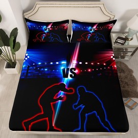 Manfei Wrestler Wrestling Fitted Sheet Twin Size, Young Men Sports Theme Bed Cover with 1 Pillowcase, Blue and Red Bedding Set 2pcs for Kids Teens Room Decor, Soft Polyester Bedding