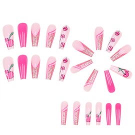 Long Press on Nails Coffin Rose Red Cherry Fake Nails Press ons Golden Glitter French Tip Full Cover Extra Long Acrylic Nails Glossy Stick Glue on Nails for Women Girls 24 Pcs