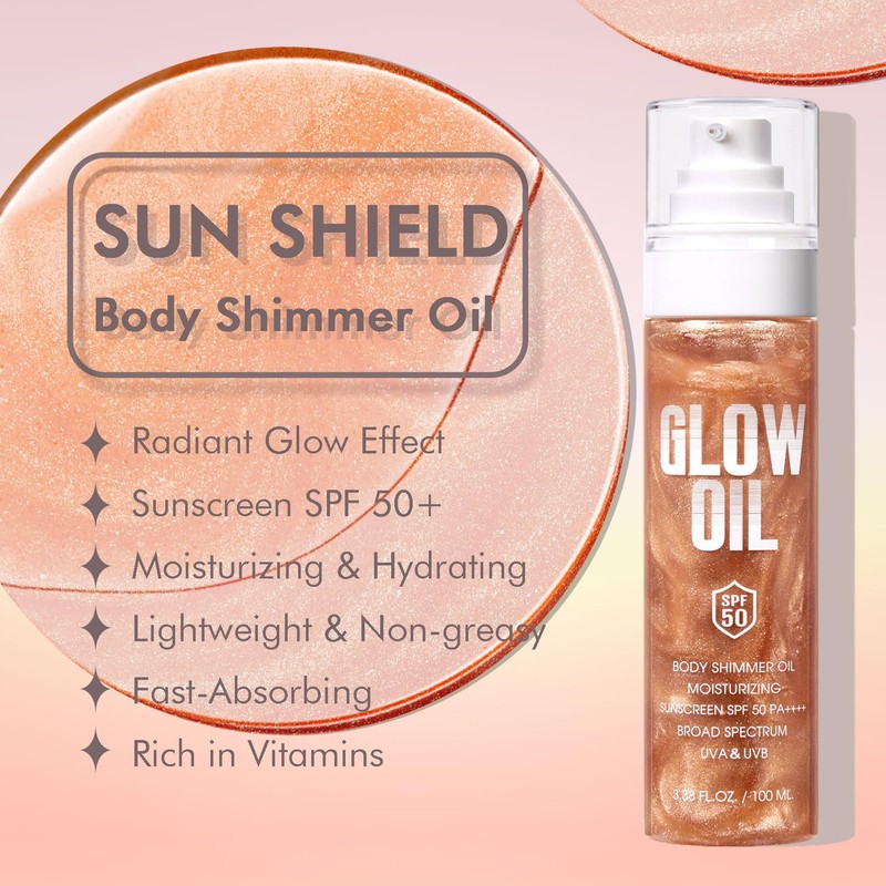 Sunscreen Body Glow Oil【SPF 50】【Lightweight】【Natural Ingredient】Broad Spectrum Shimmer Sunscreen For
