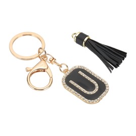PATIKIL Initial Letter Key Chain, Cubic Zirconia Crystal Alphabet Keychains Letter U Tassel Pendant Keyring for Women Purse Handbag Bag Charm Accessories, Black/Gold