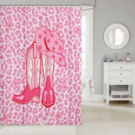 Manfei Western Cowgirl Shower Curtains Pink Cowboy Hat Boots Bathroom Curtains for Kid Girl Room Decor, Pink Leopard Print Waterproof Bath Curtains with 12 Hooks Suits for Bathtub, 72" W x 72" L