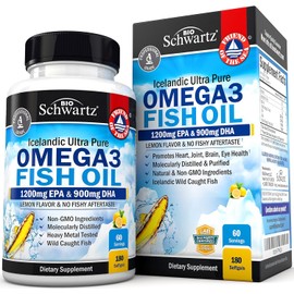 BioSchwartz Triple Strength Omega 3 Fish Oil Supplement - 2250mg EPA DHA Omega 3 Fatty Acids from Fresh Wild Caught Fish, Supports Joint, Eyes, Brain Health - Burpless Lemon Flavor, Gluten Free, 180 Softgels
