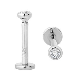 16G 14K White Gold Bezel Set 2mm (0.035ct) Diamond Labret Monroe Stud 8mm Post Flat Disk Bottom Lip Ring Tragus Stud Internally Threaded 14KLBRT-BZ20WD8WG