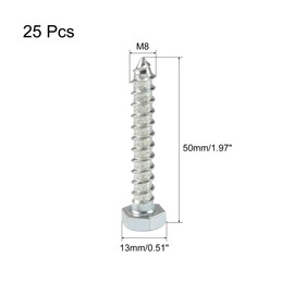 sourcing map Hex Lag Screws, M8 x 50mm Carbon Steel Zinc Plated Full Thread Self-Tapping Bolts for Wood Screw 25Pcs