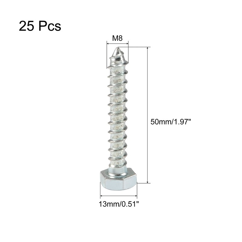 sourcing map Hex Lag Screws, M8 x 50mm Carbon Steel
