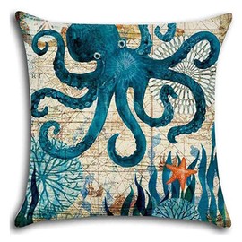 7COLORROOM Sea Theme Decorative Square Cotton Linen Coastal Pillow Cover Ocean Animal Cushion Cover 18 X 18 Inch Pillow Inserts, 4Pack Nautical Pillow Covers (Sea Turtle)