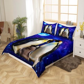 Manfei Cute Penguin Kids Duvet Cover Set Single Size, Animal Theme Comforter Cover, Blue Starry Sky Penguin Family Bedding Set for Boys Girls Room Decor, Lightweight Bedspread Cover, 1 Pillowcase