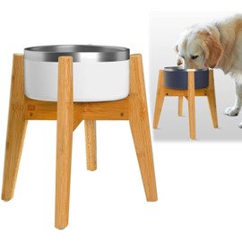 Dog Bowl Stand (14-inch High) - Ideal for Large Breeds, Use to Elevate, Raise Pet Dishes, Water Fountains and Slow Feeders - Adjustable Sideways, Bamboo - (Bowls not Included)