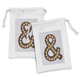 Ambesonne Symbol Fabric Pouch Set of 2, Abstract Design Modern Ampersand Item on Brick Wall Punctuation Marks, Small Drawstring Bag for Toiletries Masks and Favors, 9" x 6", Coconut Orange and Brown