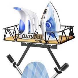 Ironing Board Holder, Iron Board Wall Mount, Ironing Board Hanger, Laundry Room Organization with Removable Hooks(T&V Shaped), Wooden Base Basket, Farmhouse Laundry Room Decor - Color: Black